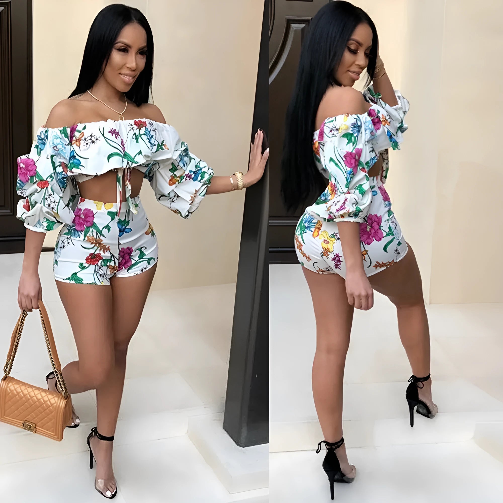 Multicolour digital print two-piece set with pile sleeve top and shorts.