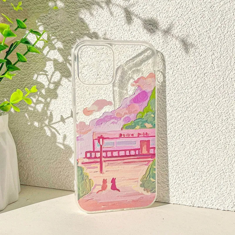 Soft silicone iPhone case with a cartoon-style two cats design on the back.