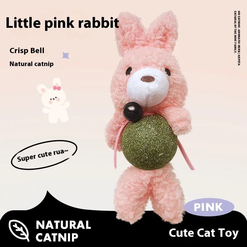 Plush catnip toy shaped like a small doll with a mint ball, in brown bear, pink rabbit, green frog or piyopiyo colour.