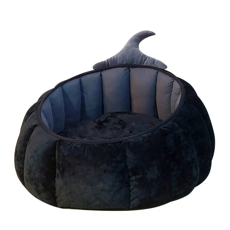 Halloween pumpkin devil design plush cat bed for cats and small dogs in orange colour