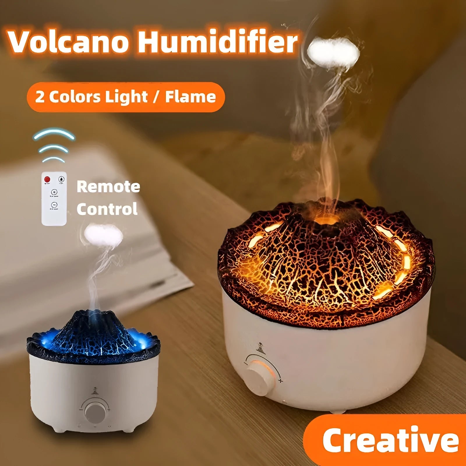 Small white volcano-shaped humidifier with simulated flame lighting and remote control on wooden table