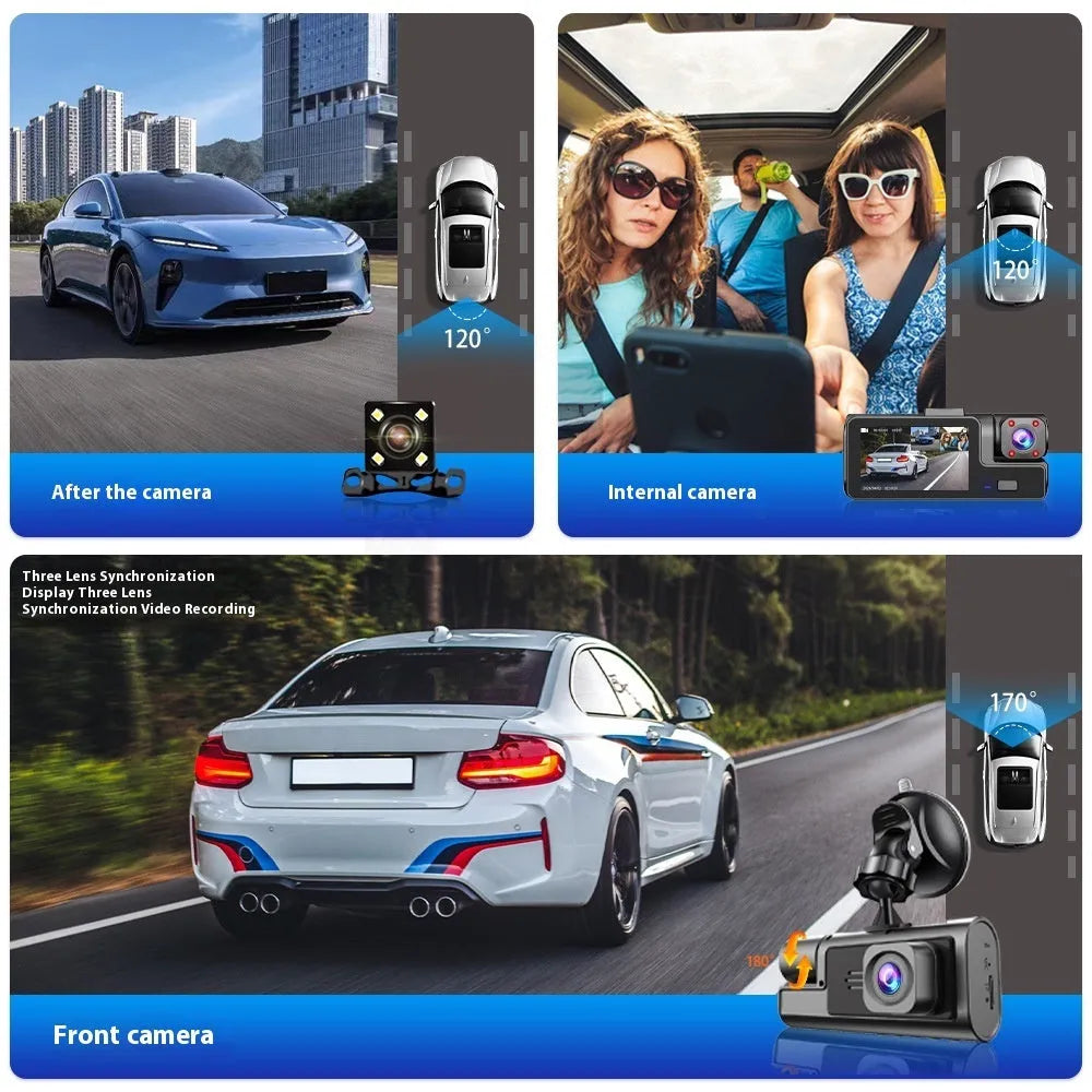 WiFi car driving recorder with 2-inch screen on a dashboard, showing front and rear camera views.