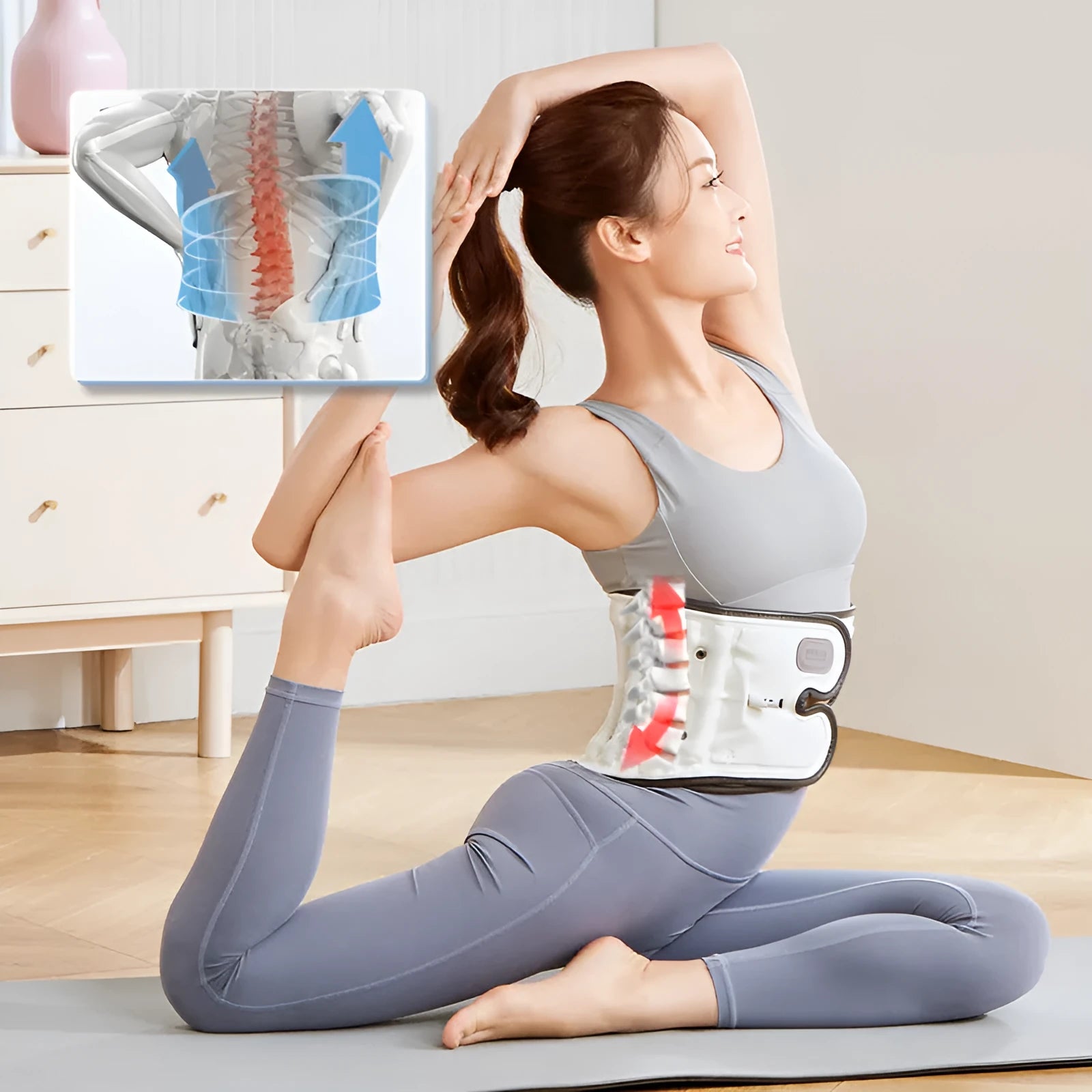 Automatic inflation lumbar waist supporter in PU material for lower back pain relief and disc correction.