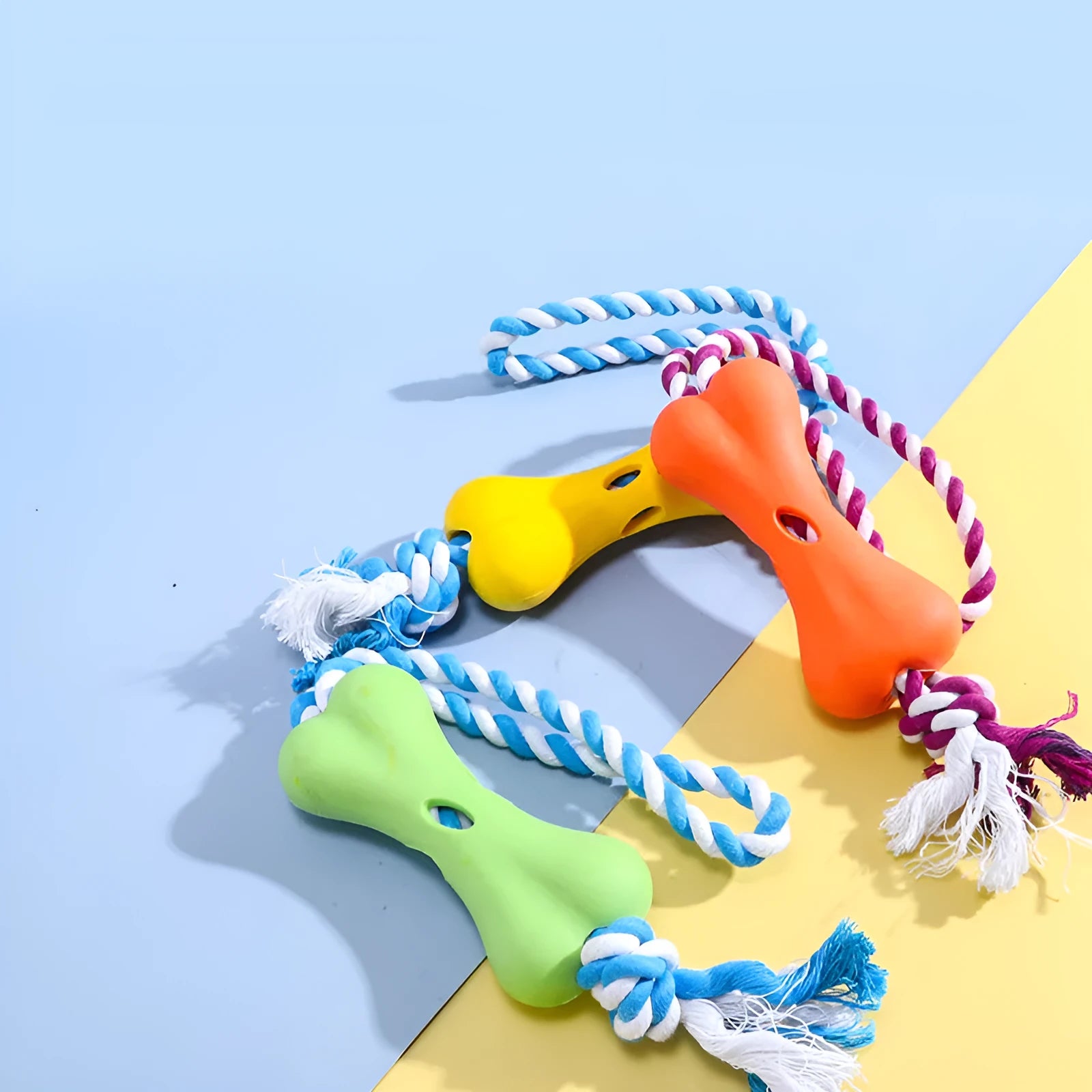 Green porous bone rope knot dog chewing toy for stuffing with treats