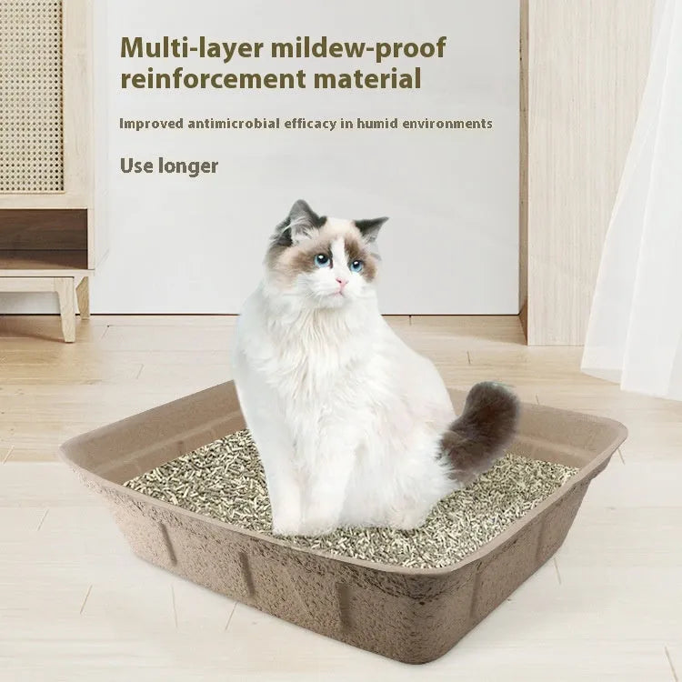 Brown disposable degradable cat litter box shown in three different size options.