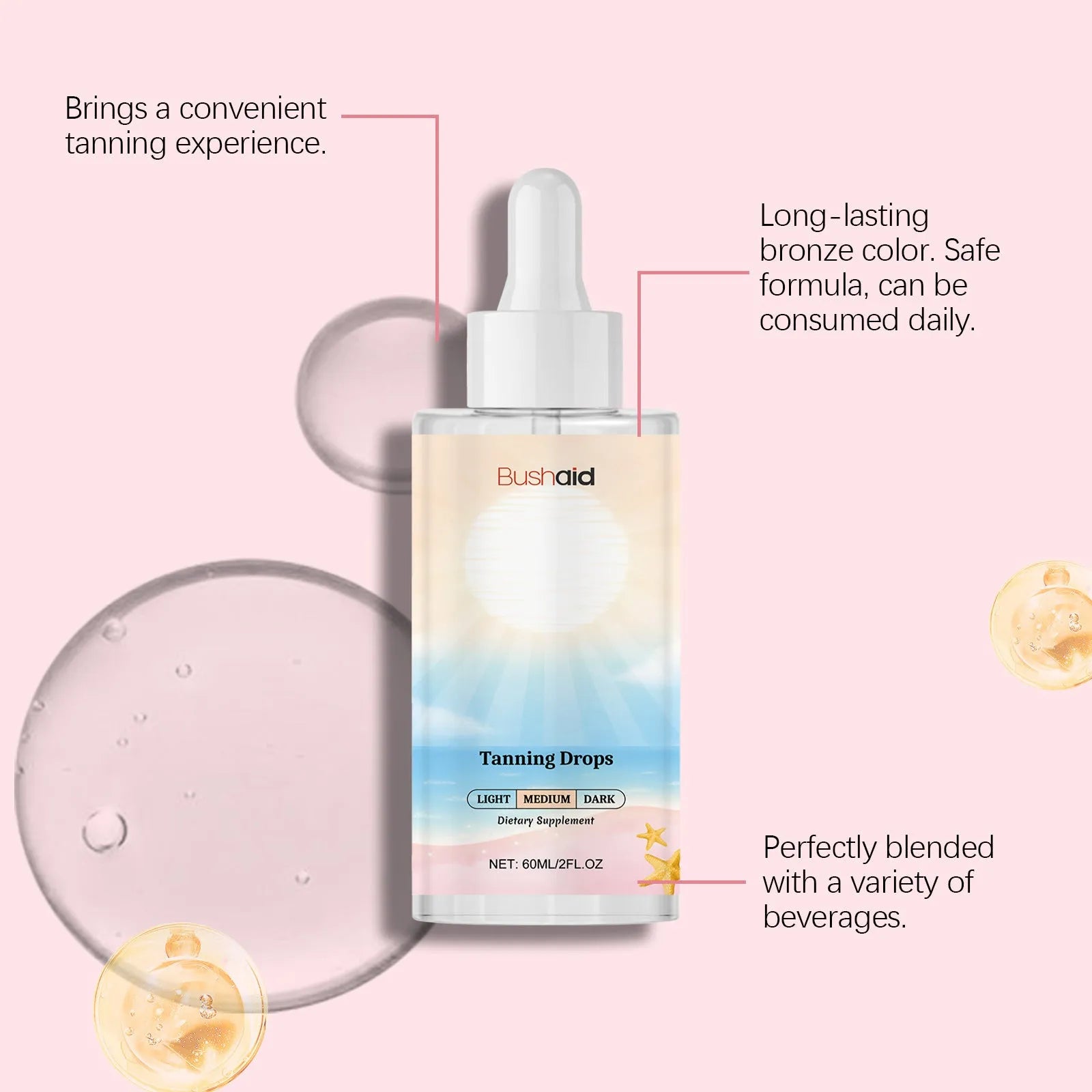 60ml No Sunlight Tanning Drops bottle for gradual sunless body tanning