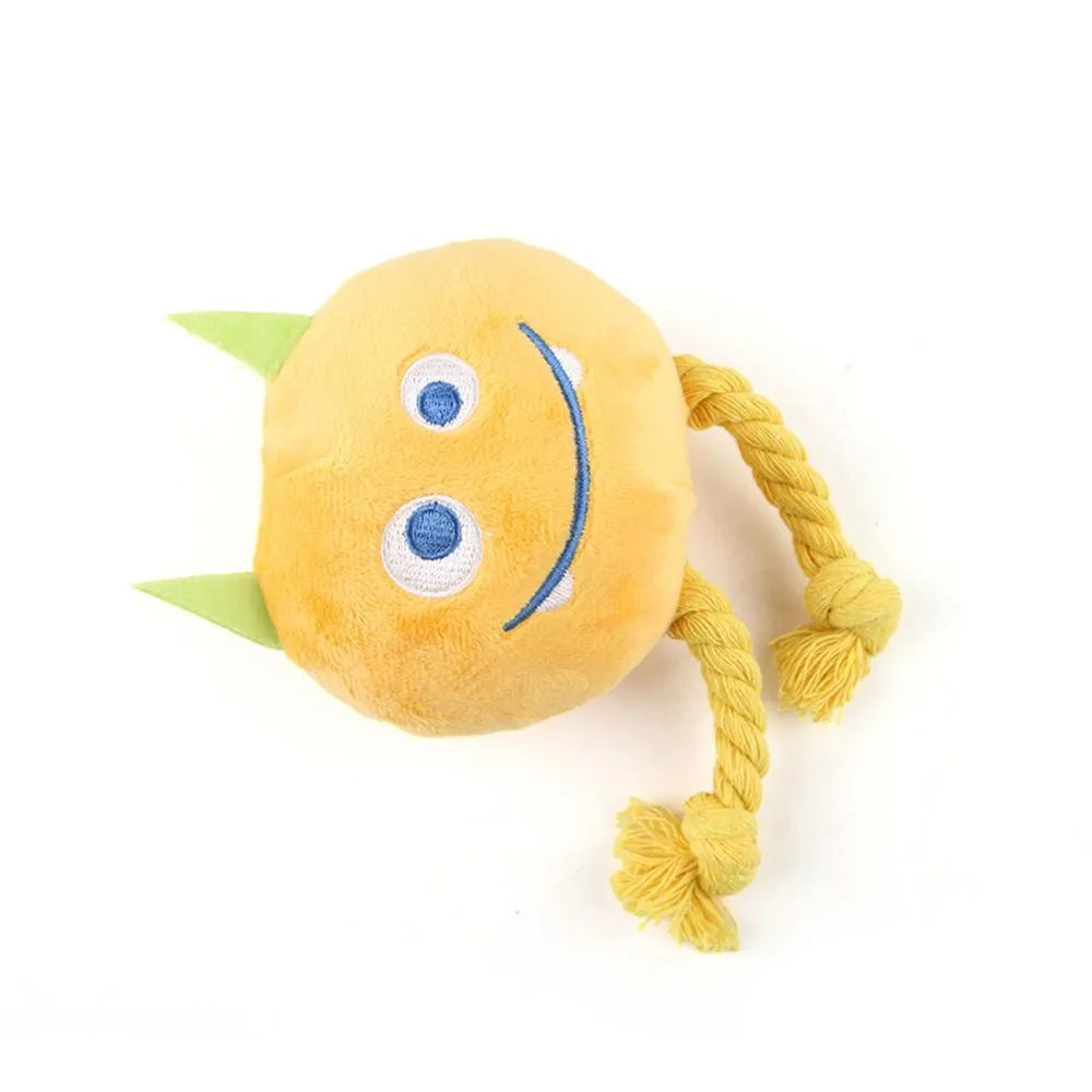 Blue and yellow cartoon-style dog squeaky toys with knot design cotton rope construction