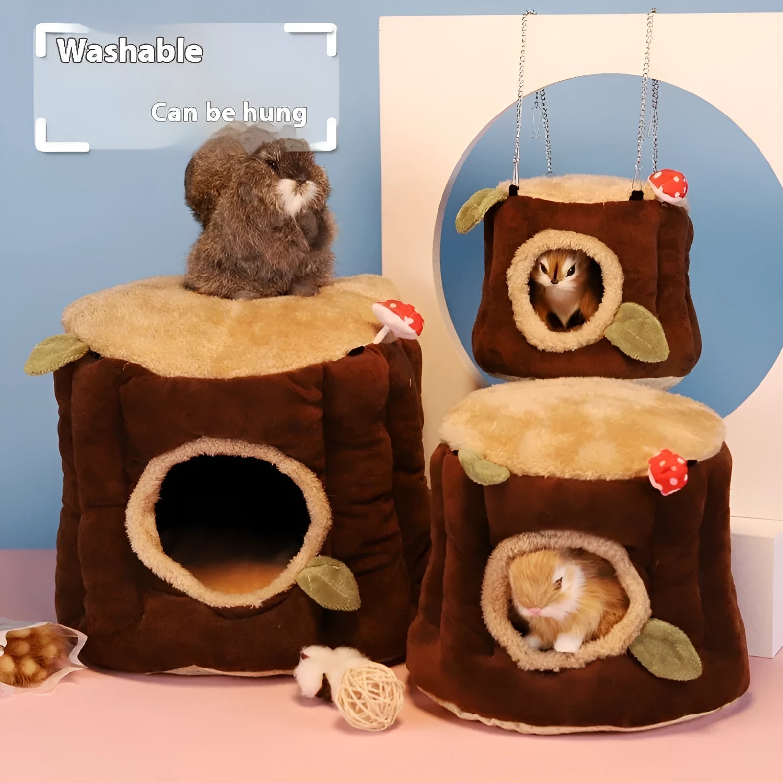 Brown cloth hanging rabbit nest with enclosed design for winter warmth