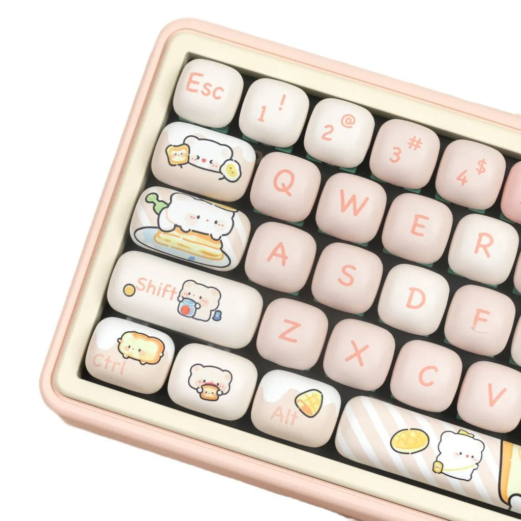 MOG Steamed Bread key cap set with 143+3 PBT keys featuring colourful bear character thermal sublimation designs