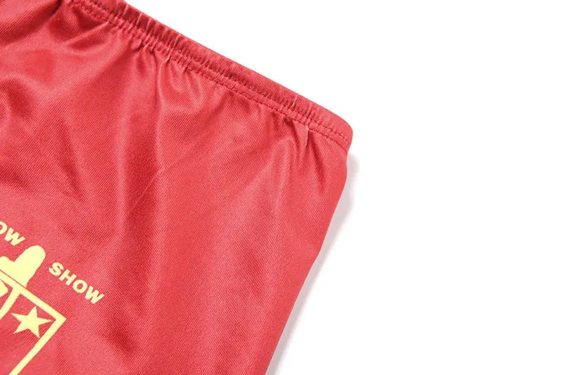 Red women's high waist hip lift bikini set with 3D printed pattern on polyester fabric.