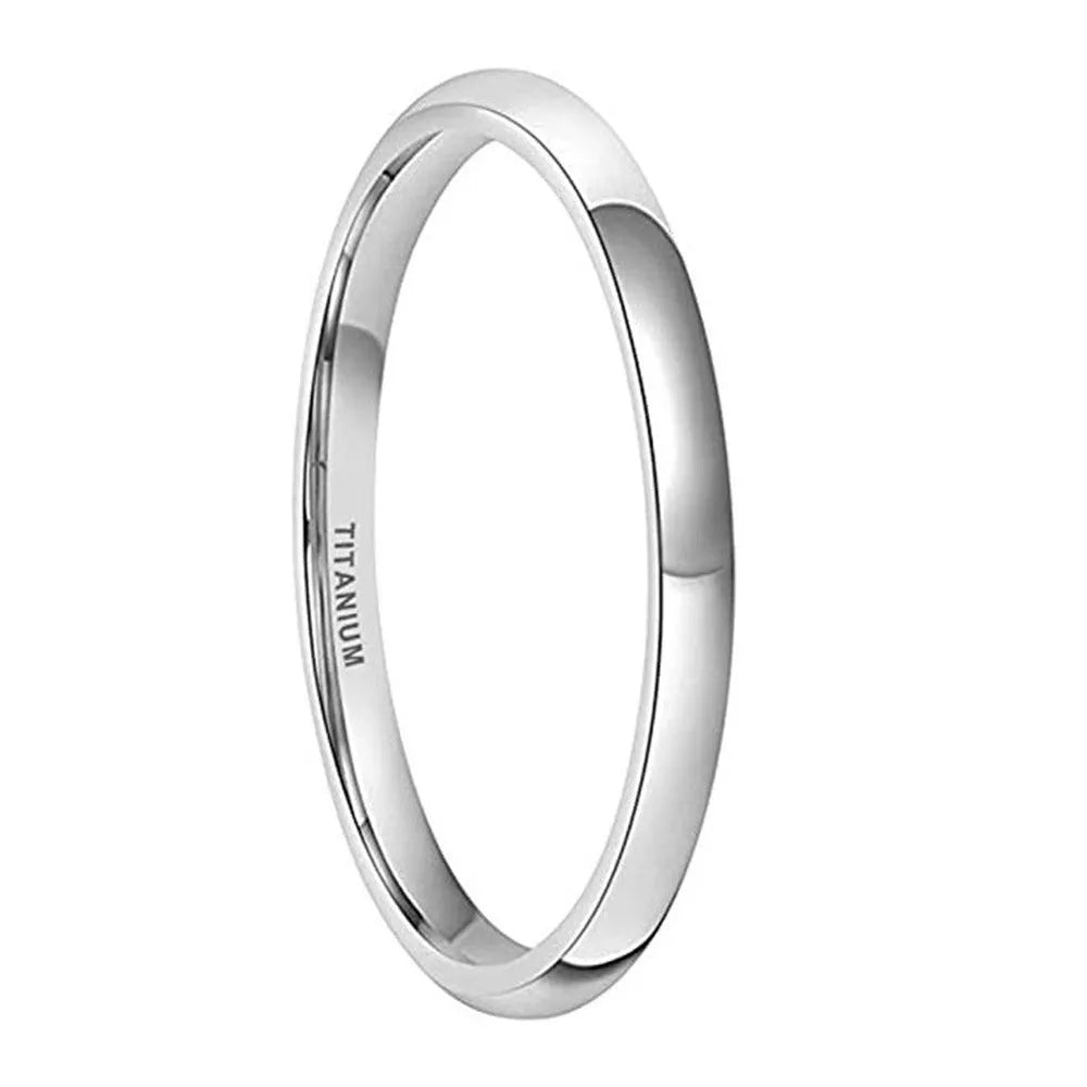 A polished silver titanium ring shown in three width options: 2mm, 4mm, and 6mm.