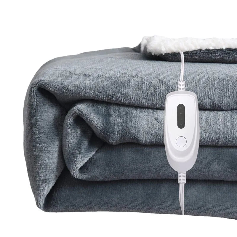 USB electric heating blanket in grey and white flannel fabric, showing intelligent temperature controls.
