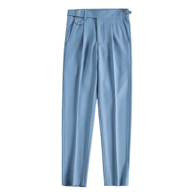 Men's straight-leg casual trousers in polyester, shown in a khaki colour on a neutral background.
