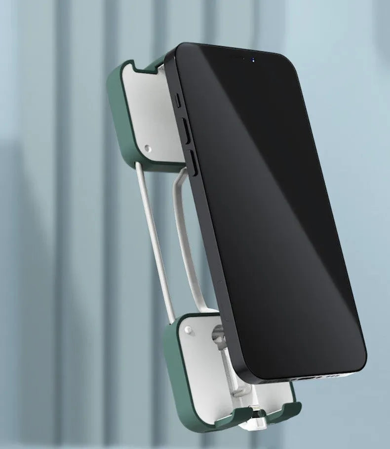 Red multi-function bracket mobile power supply showing USB-C and Lightning ports and integrated phone holder.