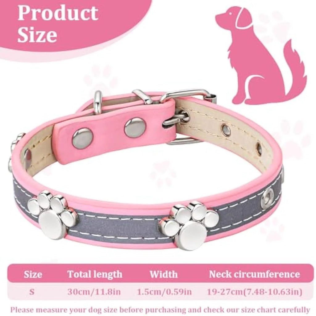 Reflective adjustable dog collar with PU leather and decorative paw rivet in multiple size options