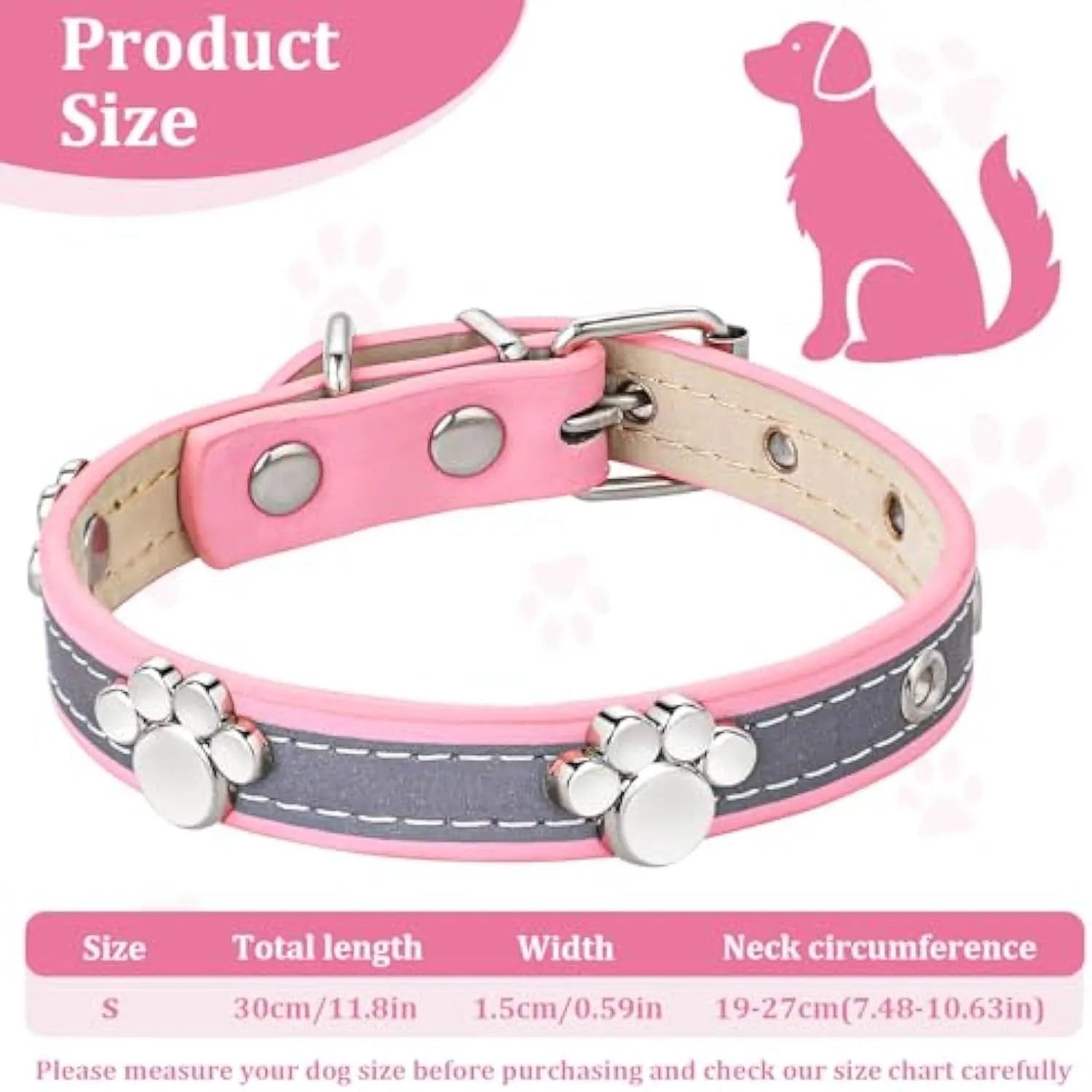 Reflective adjustable dog collar with PU leather and decorative paw rivet in multiple size options