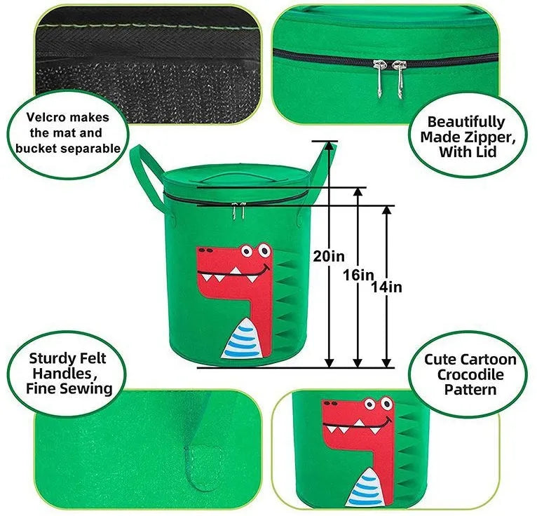 Green felt cube-shaped toy storage bag opened flat as a play mat next to toys, showing pull rope.