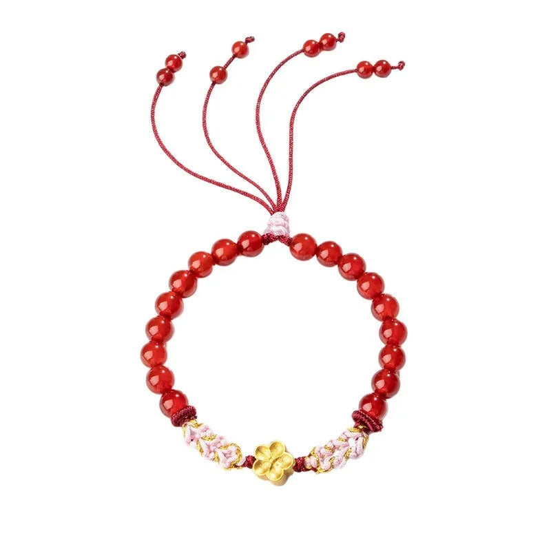 Hand-woven natural rope bracelet with diamond crystal charm in Chinese peach blossom style