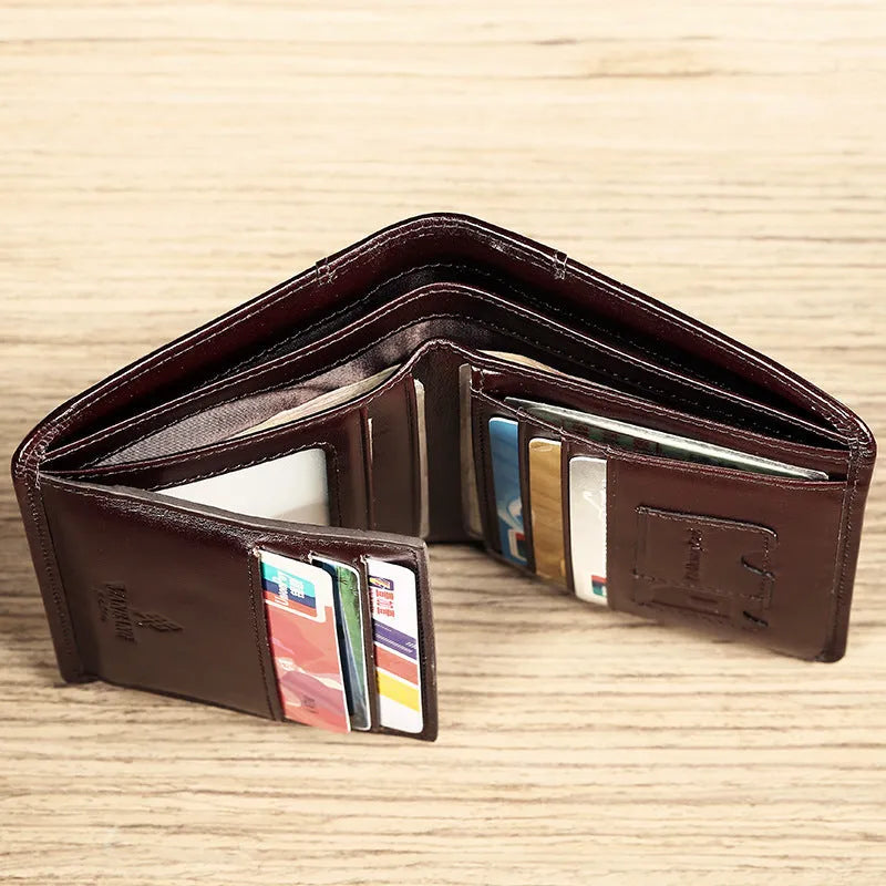 Men's black leather bifold wallet open to show card slots, coin pocket, and photo window.
