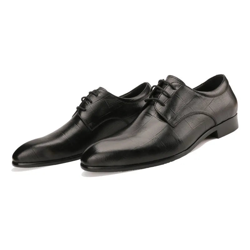 Men's black cow leather derby shoes with pointed toe and rubber soles for business wear