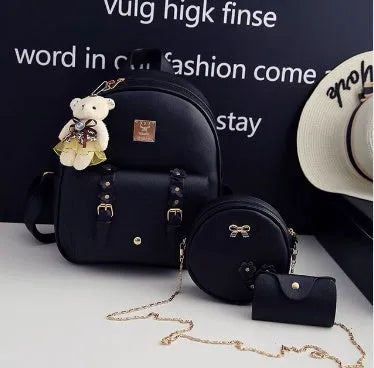 Three-piece PU leather backpack set for teenage girls in four colours with floral detailing