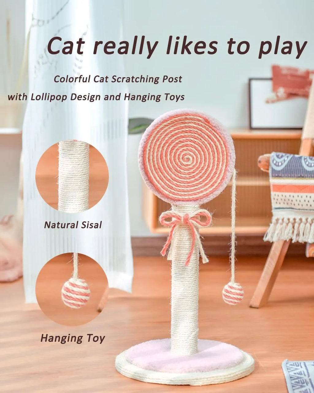 Blue cat scratching post with natural sisal rope and a hanging ball toy on a stable wooden base.