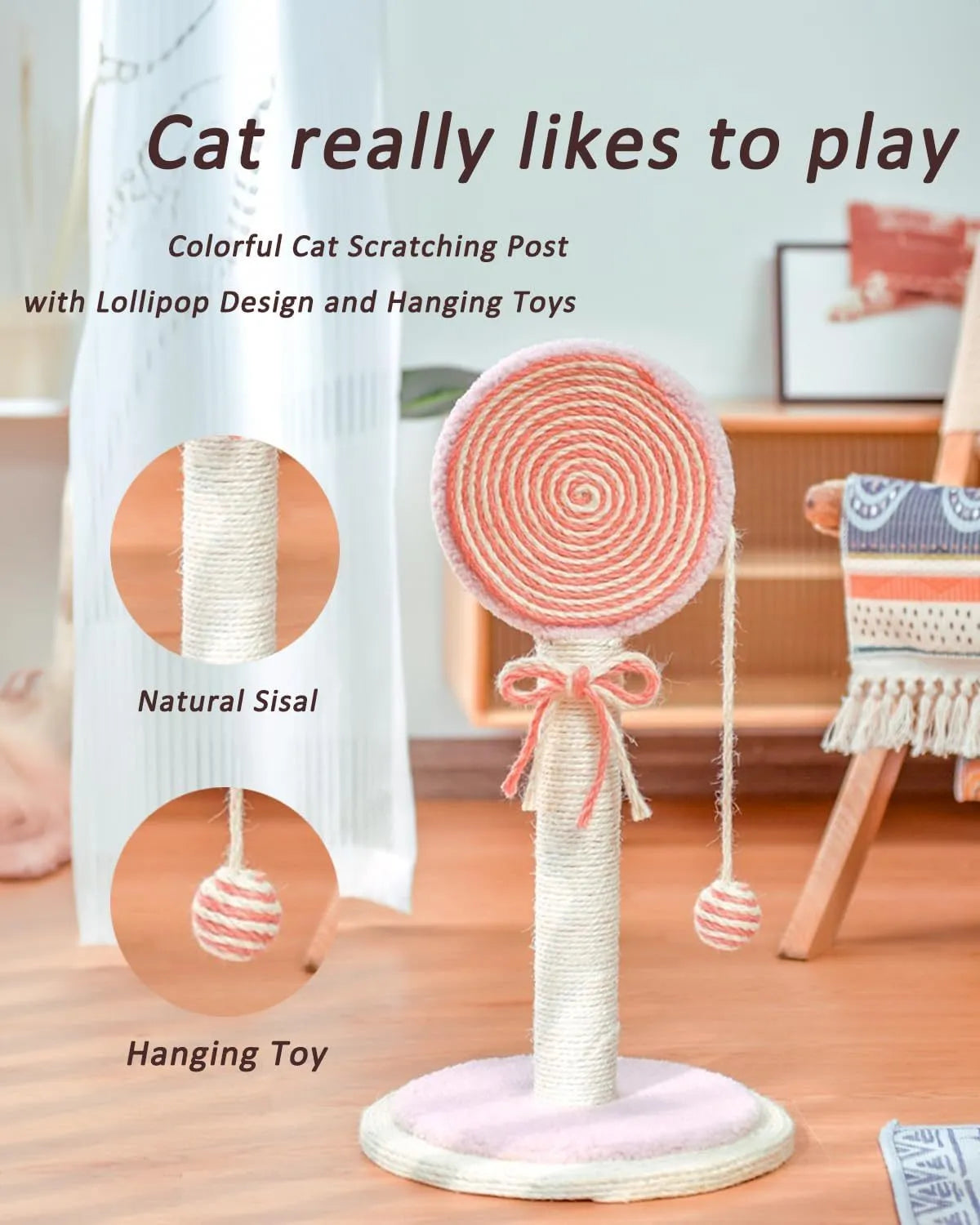 Blue cat scratching post with natural sisal rope and a hanging ball toy on a stable wooden base.