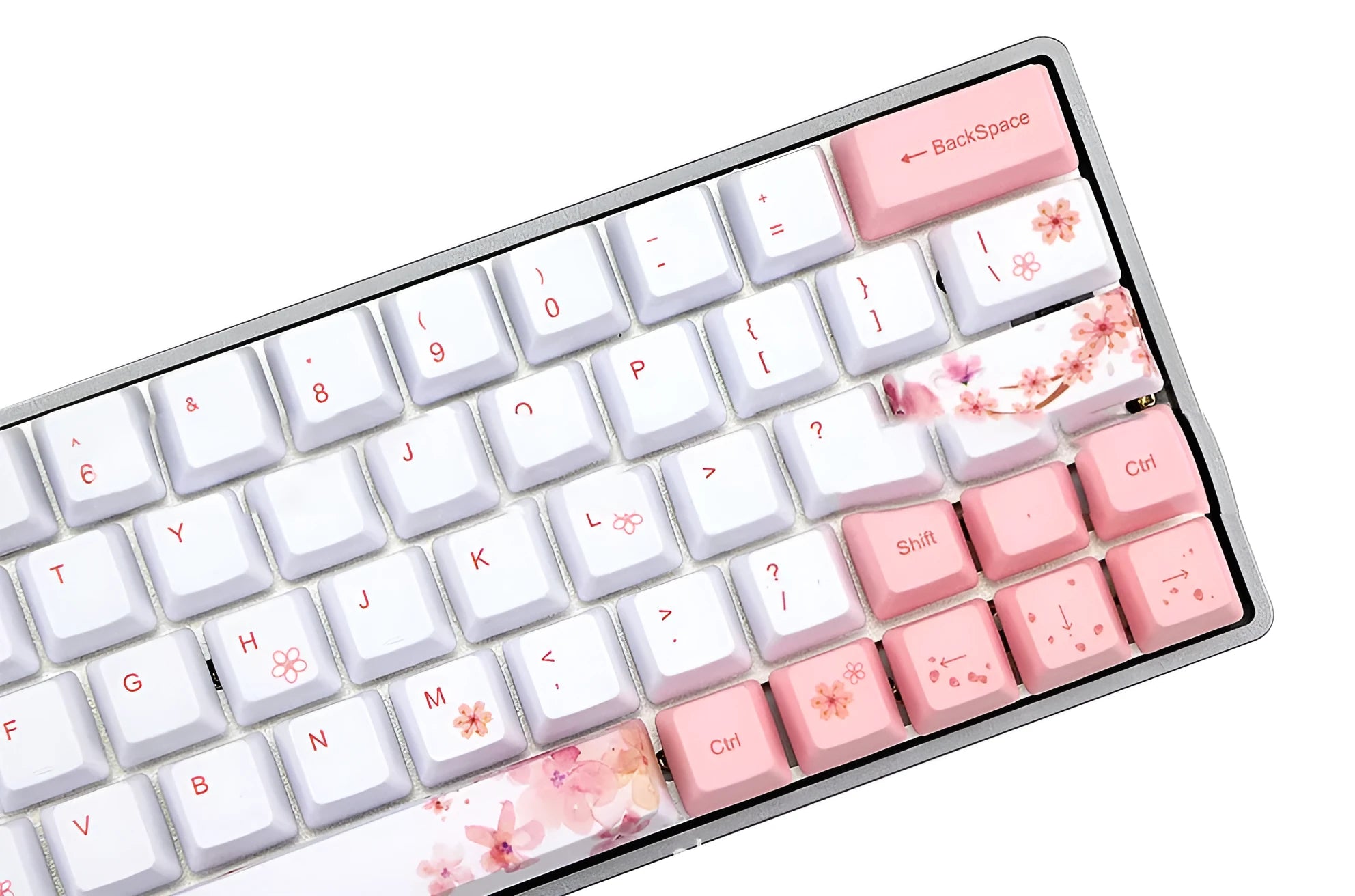 Pink PBT mechanical keyboard keycaps with white legends on top and sides, shown in an OEM profile.