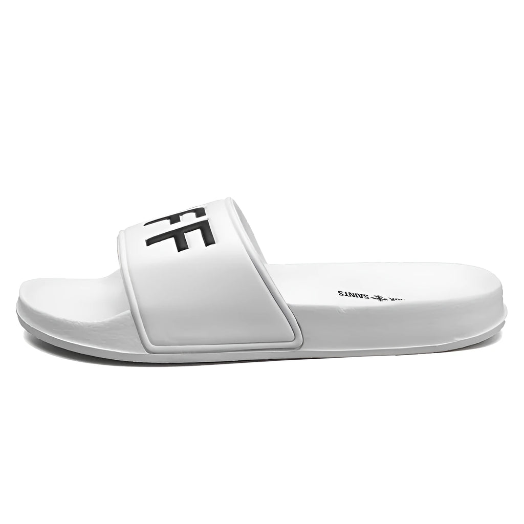 Men's large size open-toe slippers with a rubber sole, shown in black and white colour options.