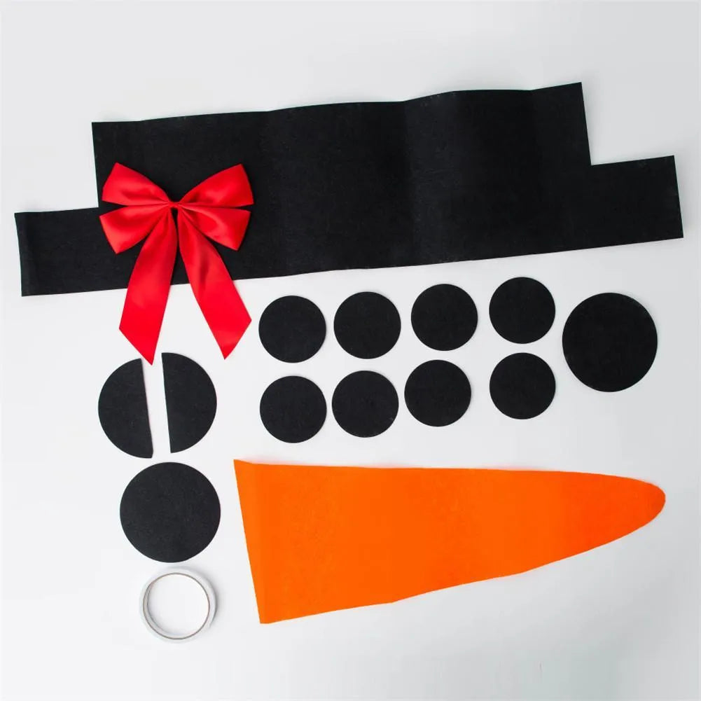 DIY Christmas snowman decoration set with 16 non-woven pieces including hat, bow, and body rounds, in OPP bag packaging