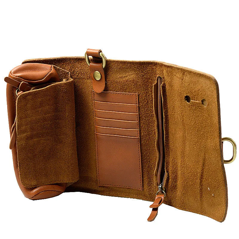 Handmade cow leather vintage wallet in black or dark brown with tape extraction closure