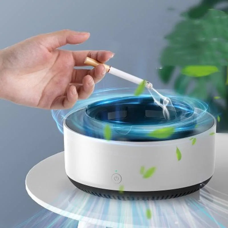 Grey intelligent electronic air purifier ashtray on a table with cigarette