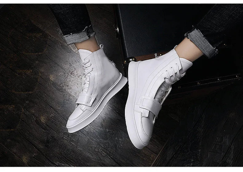 Men's black high-top ankle boot made of PU leather microfiber, shown on a white background.