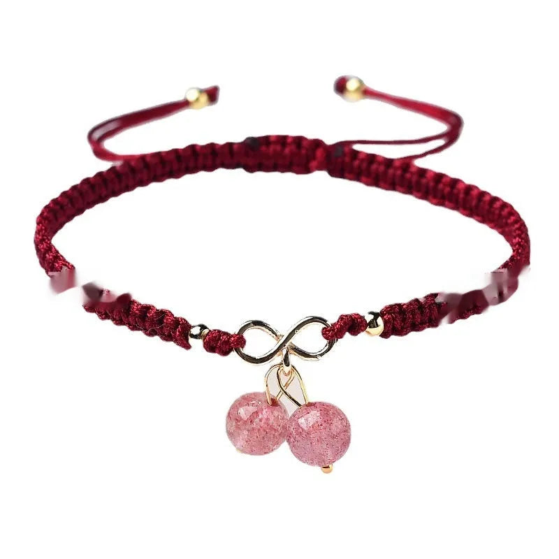 Natural strawberry quartz cherry charm bracelet for women with crystal beads