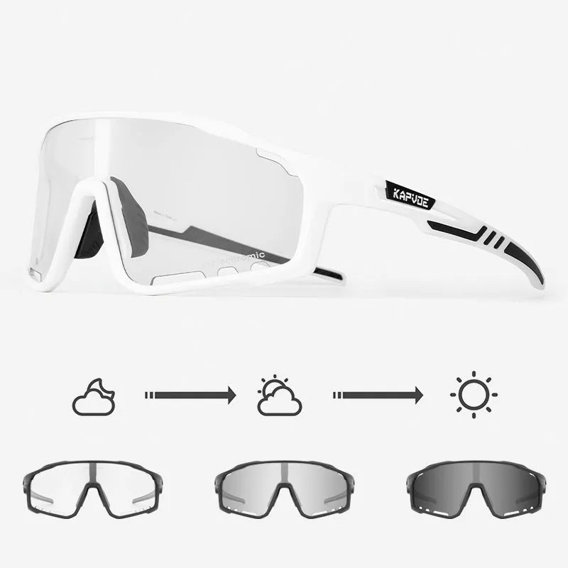 Photochromic cycling sunglasses with a semi-rimless TR90 frame shown in one of fourteen available colours.
