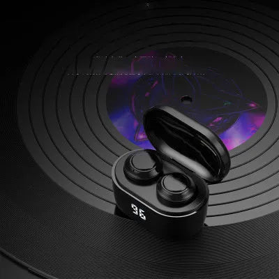 Black stereo Bluetooth headset with bilateral earplug design showing power display.