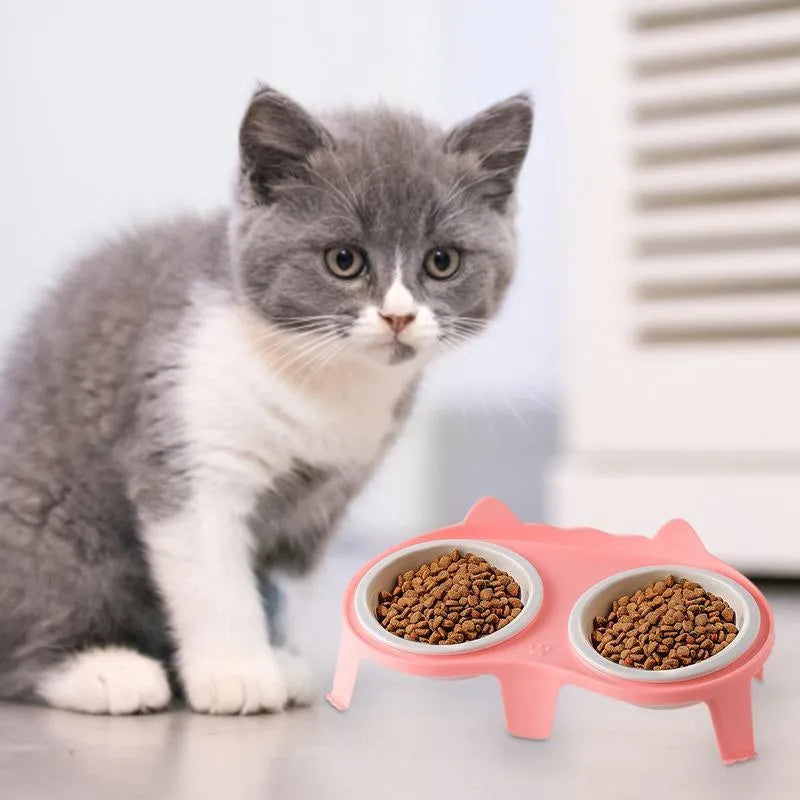 Ceramic elevated cat food and water bowl set with tilted stand in choice of colours