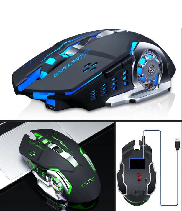 Black and white wireless charging mouse with six buttons and optical sensor