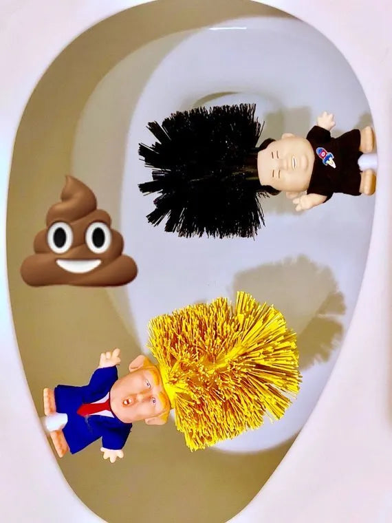 Yellow plastic Donald Trump novelty toilet brush with hanging handle, 40cm long