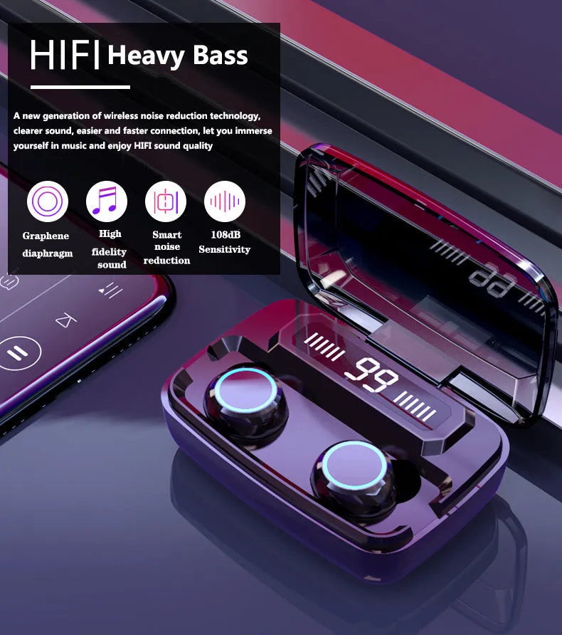 Black wireless Bluetooth headset with charging case showing digital power display and integrated mobile phone holder.