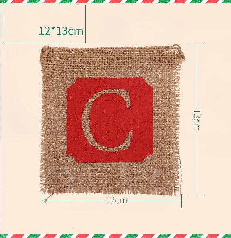 Brown and red burlap Christmas flag banner with fourteen pennants on natural string