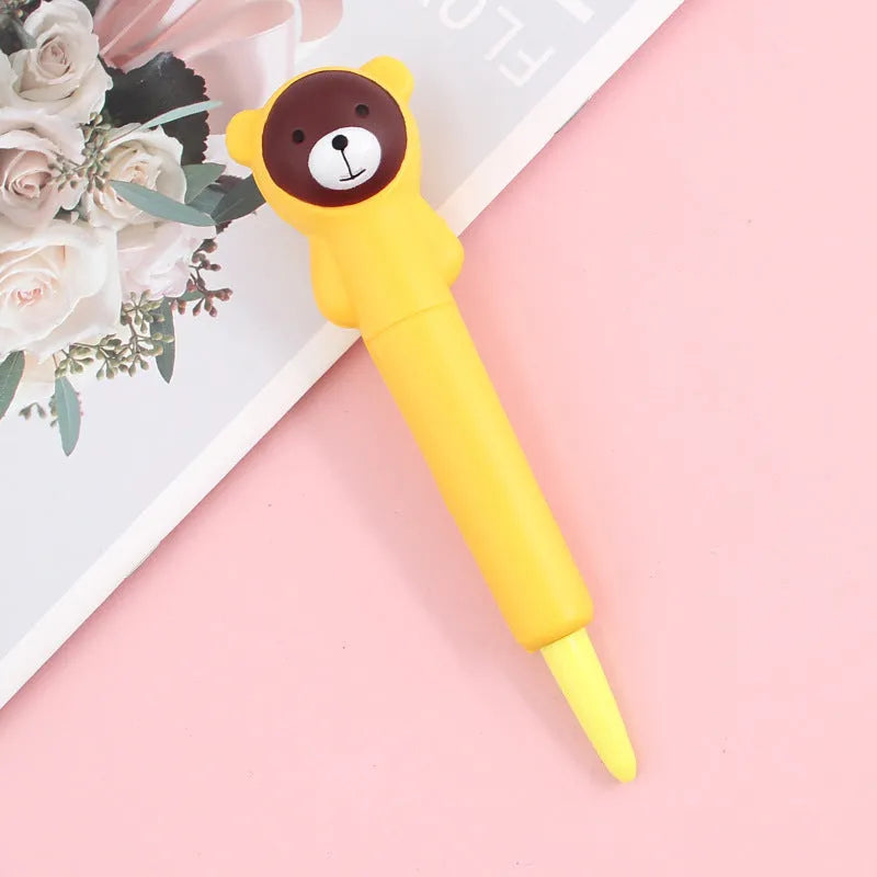 Apple-compatible vent pen with 0.5mm gel tip showing cartoon design options including dinosaur and kitten patterns