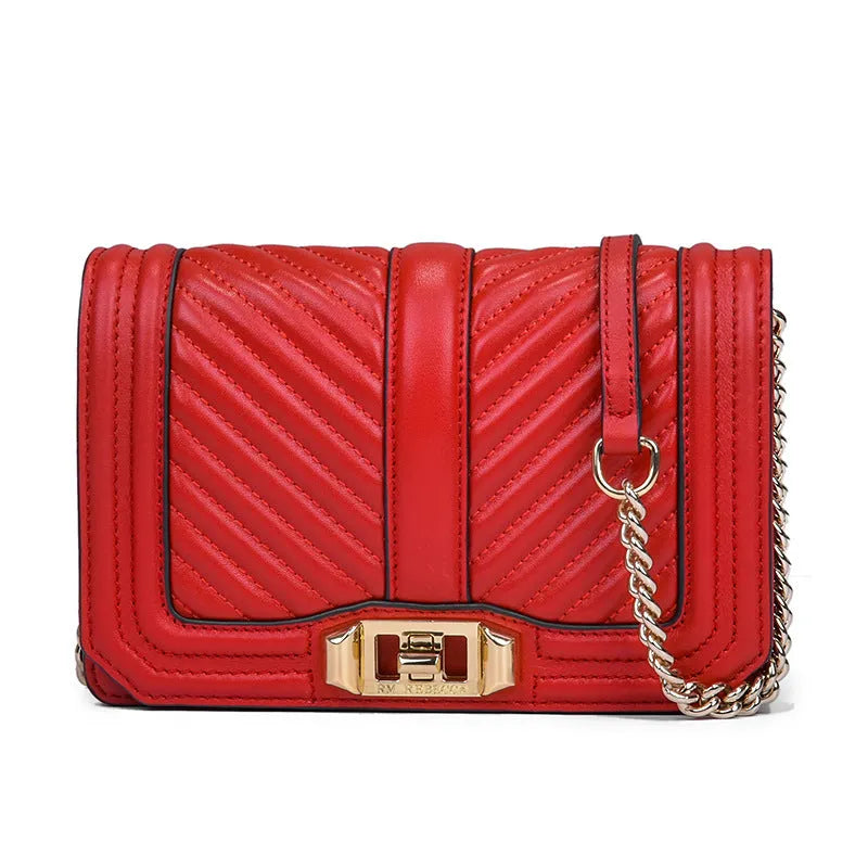 Women's shoulder chain bag in first layer cowhide with plaid pattern and chain strap, square shape