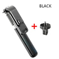 Black aluminium tripod selfie stick extended with Apple iPhone mounted on adjustable legs