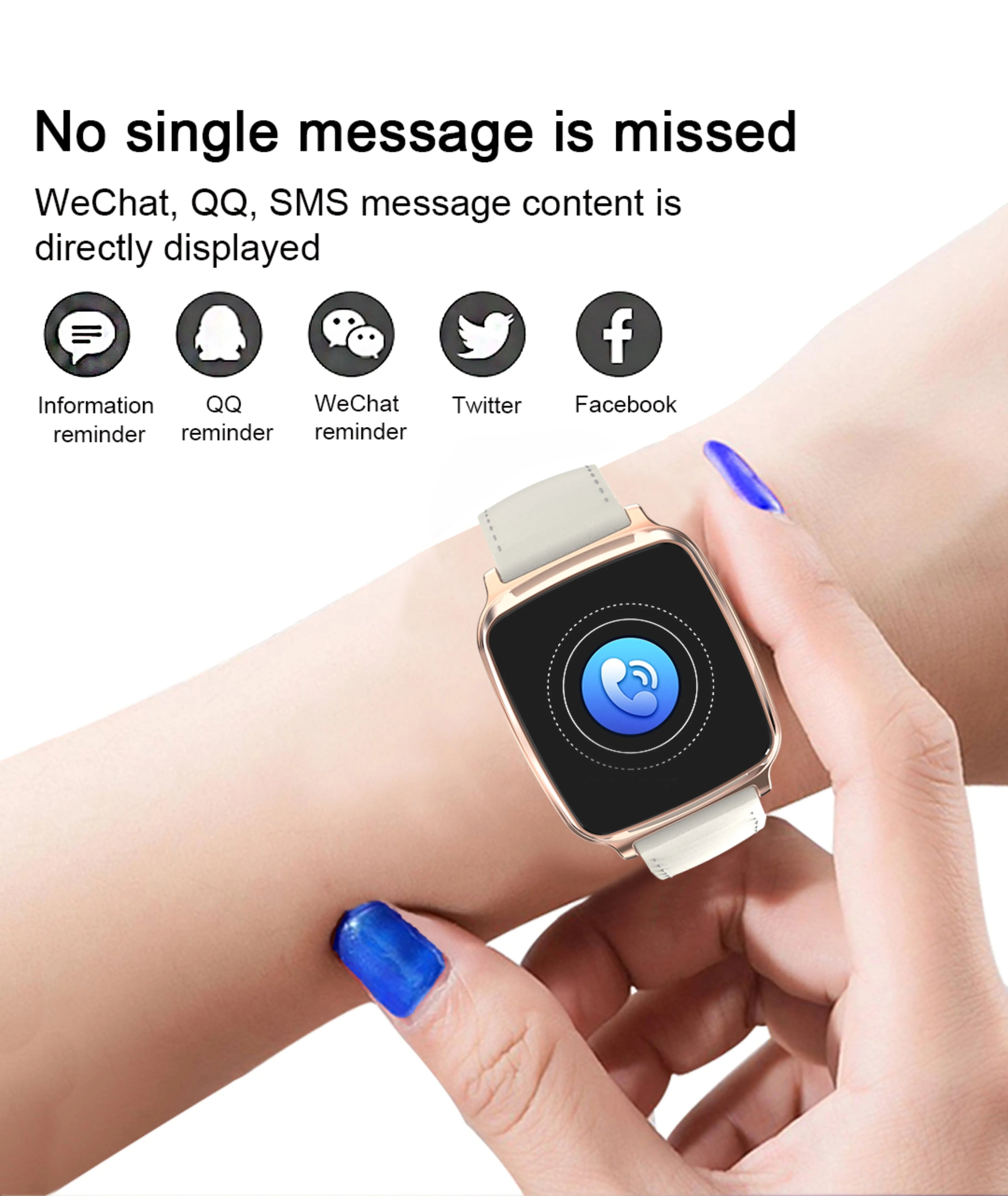 M8 round smart bracelet with heart rate monitor on a wrist, showing black, brown, gold, and silver colour options.