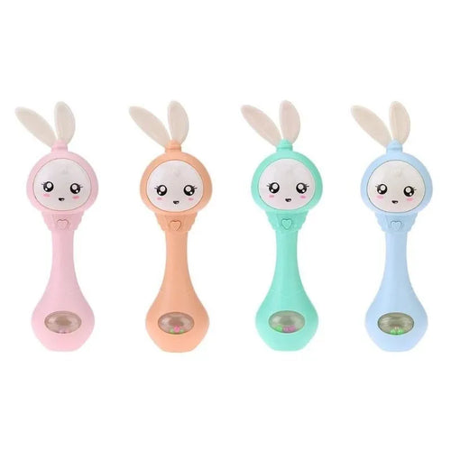 Baby holding colourful musical teething stick toy with light blue ABS plastic construction