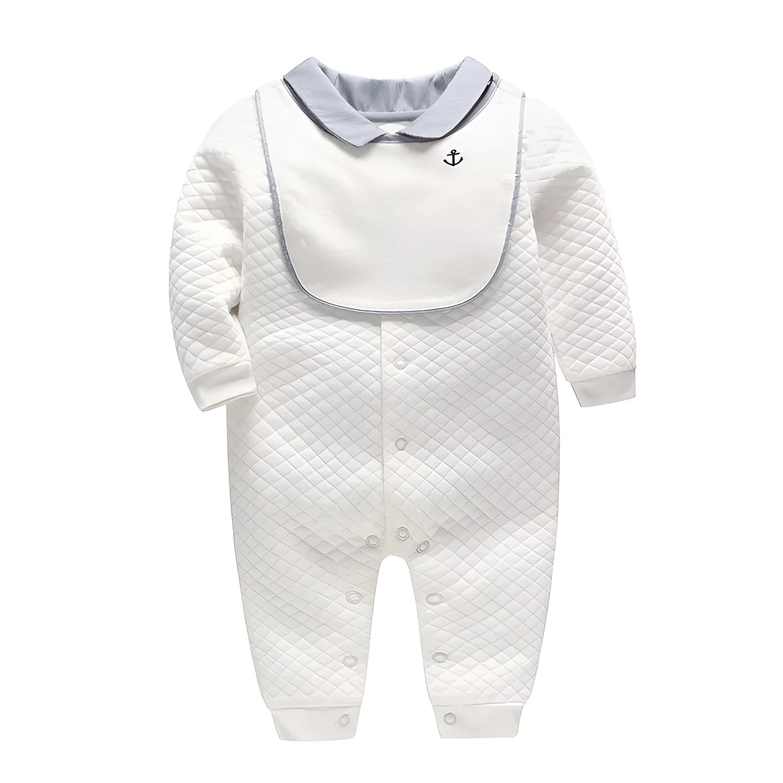 White long-sleeved cotton baby gentleman romper for boys on a hanger