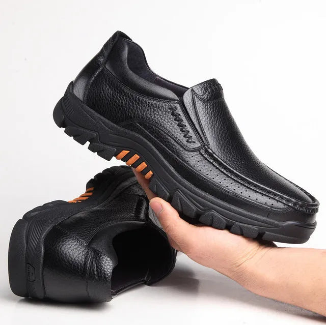 Men's black and brown business casual slip-on shoes made from cowhide leather with rubber soles