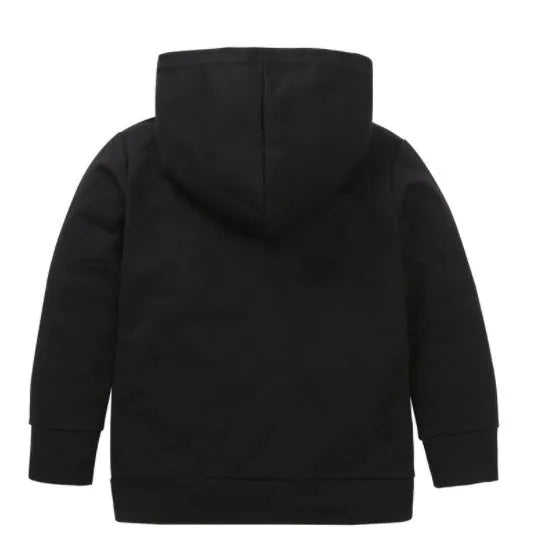 Boys' black hooded sweater with white letter print, long sleeves, and pullover neck.