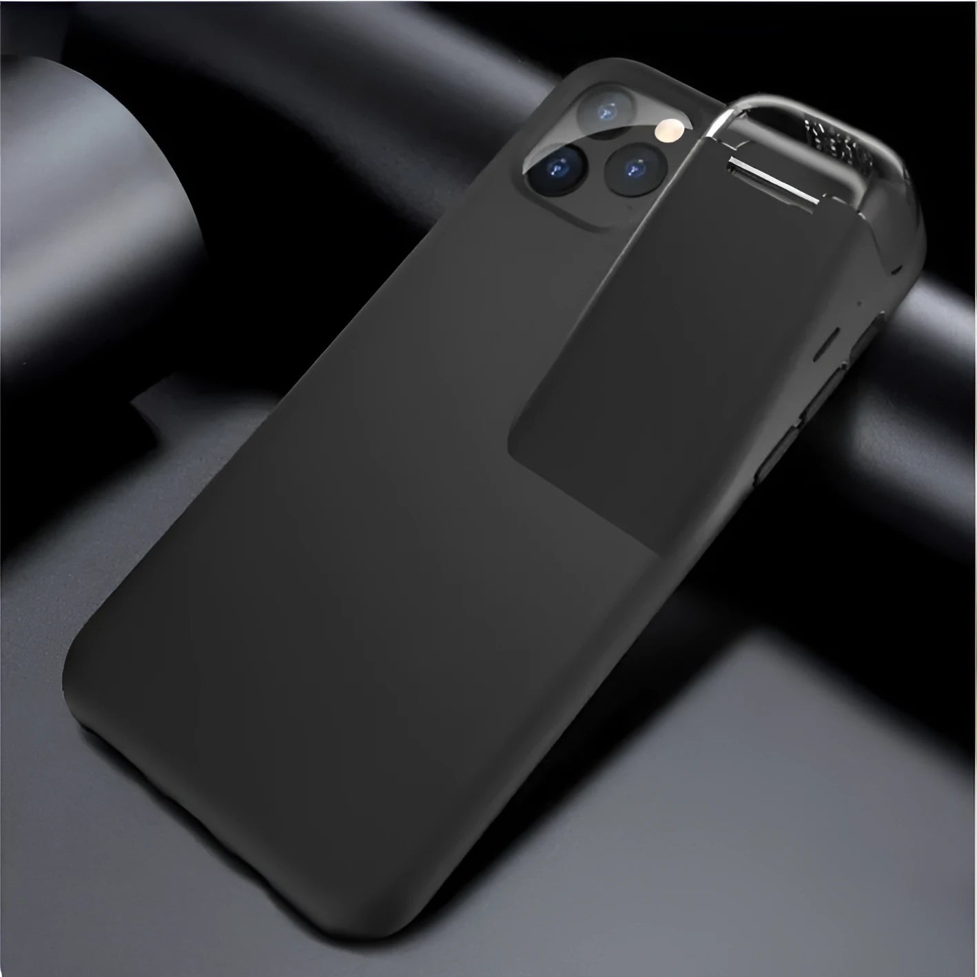 Black edge compatible charging case cover for AirPods and iPhone showing two-in-one design